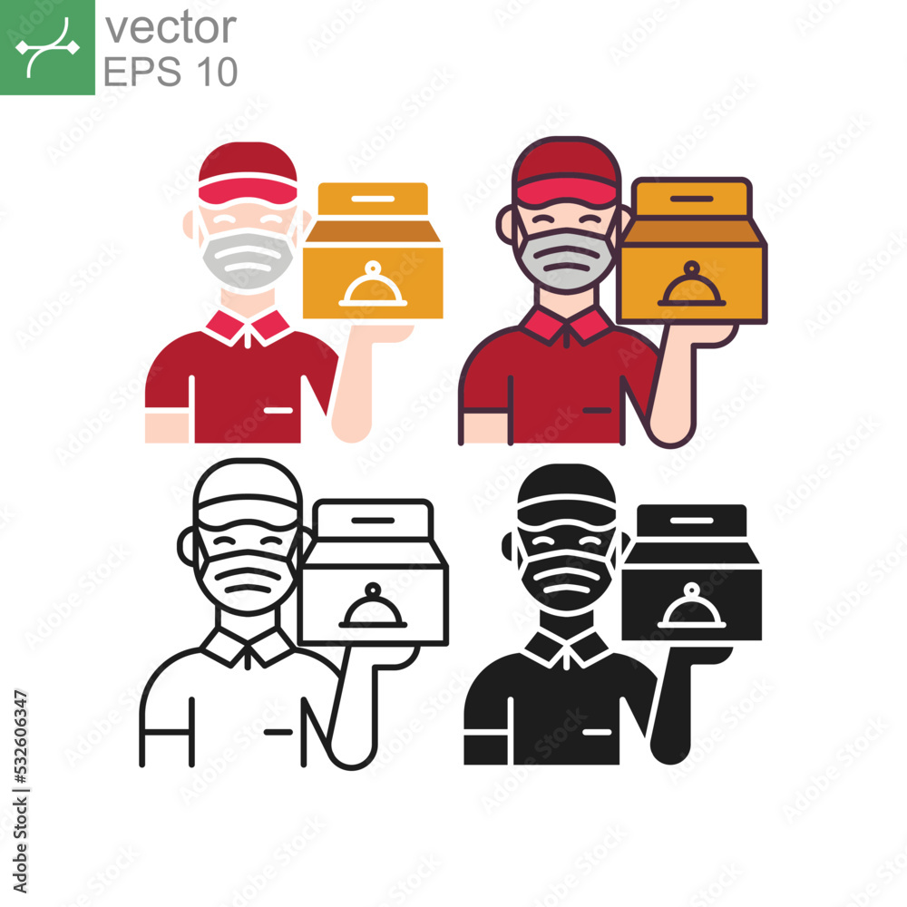 Safety delivery of food package for Covid-19 prevention. Courier boy holding parcel in Quarantine. A courier in a protective mask, food delivery. Vector illustration design on white background. EPS 10