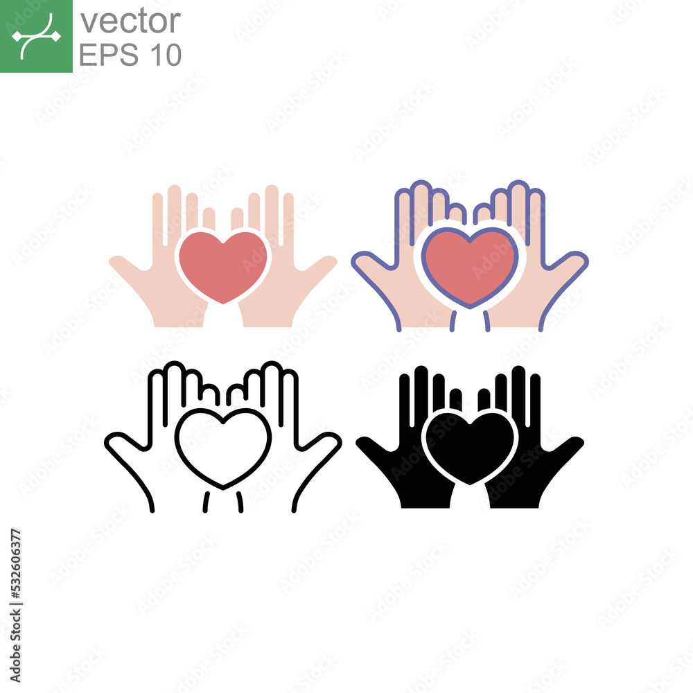 Obraz premium Hands holding heart for Charity, donation and volunteer work. Giving help, donating money. Hand give heart. Charity, hands, heart, support icon. Vector illustration. Design on white background. EPS 10