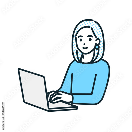 ノートパソコンを操作するビジネスパーソン。働く女性のイラスト素材。