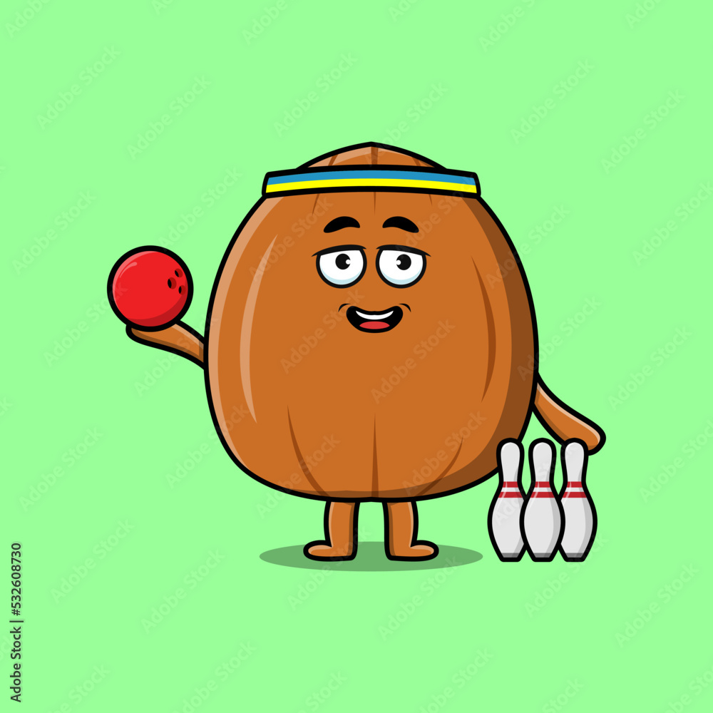 Cute cartoon Almond nut character playing bowling in flat modern style design illustration