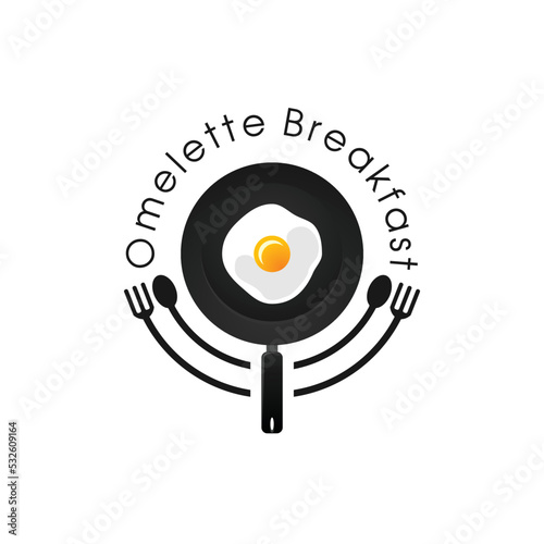 Illustration of frying an egg using a black pan, logo design for an omelette restaurant