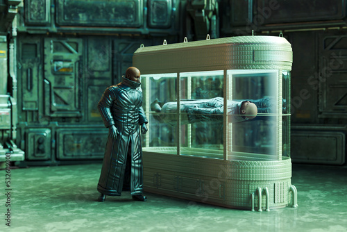 Future civilisation: black man watches another lying in cryo pod photo