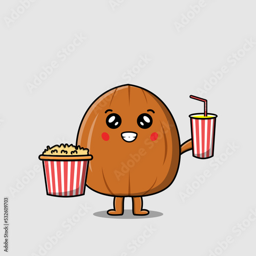 Cute cartoon almond nut with popcorn and drink ready to watching film in cinema