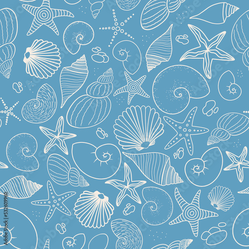 Vector seamless pattern Starfish and Seashell on Blue
