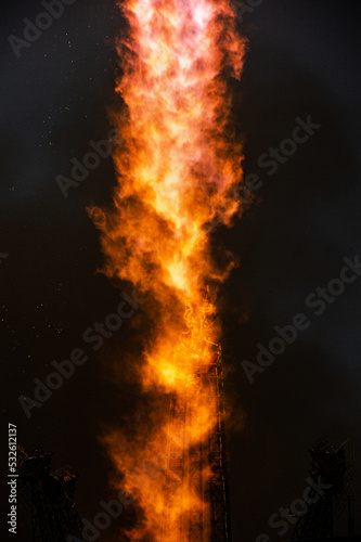 close-up shot of a rocket launch, blast of fire photo