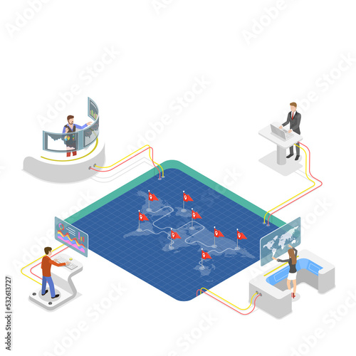 Flat isometric concept of global logistics, worldwide freight shipping.