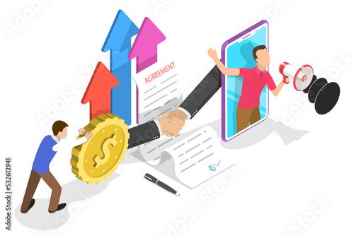 Isometric flat  concept of affiliate sales, referral marketing strategy. photo