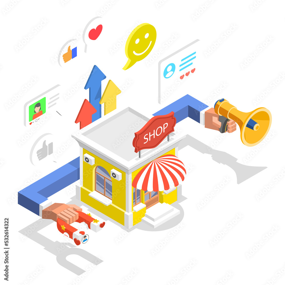 Isometric flat concept of store advertiesment campaign, digital marketing Isometric flat concept of store advertiesment campaign, digital marketing
