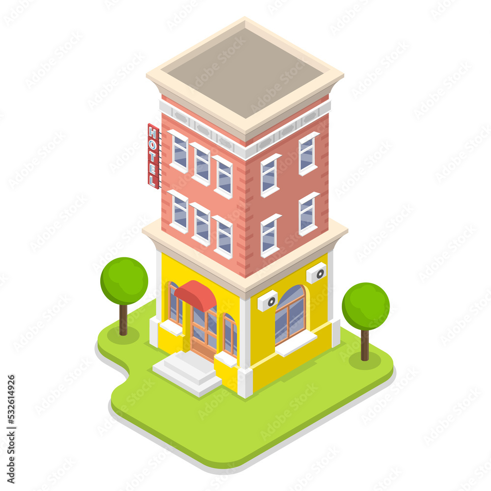 3D Isometric Flat  Concept of Hotel.