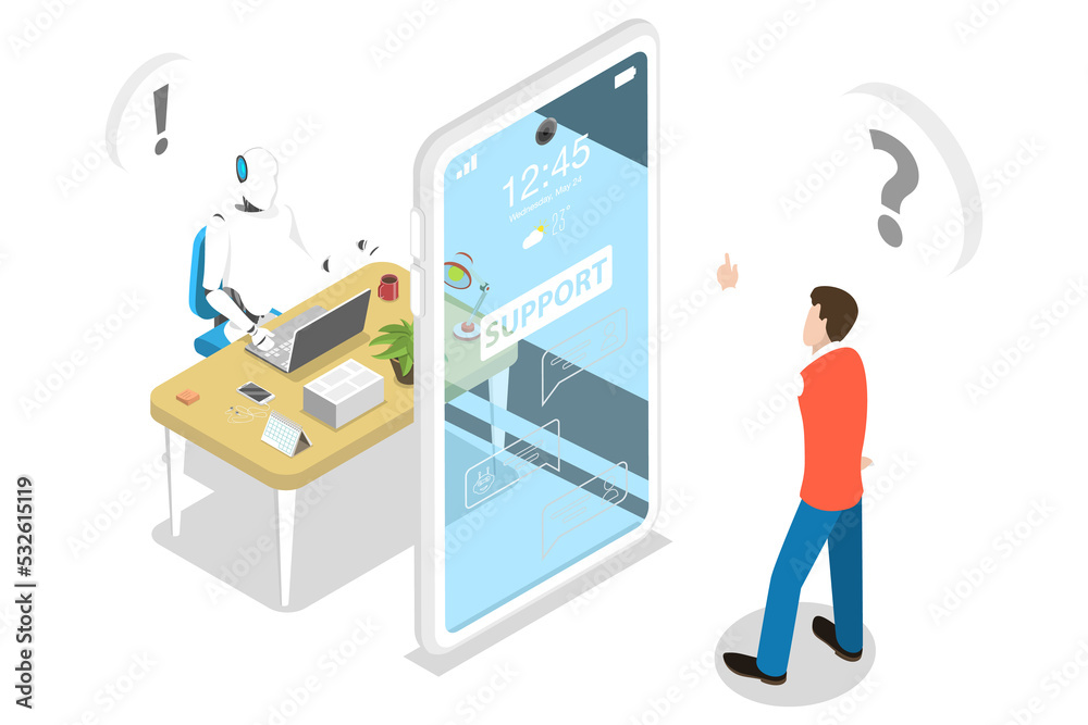 3D Isometric Flat Concept of Customer Support Chatbot Assistant. 3D Isometric Flat Concept of Customer Support Chatbot Assistant.