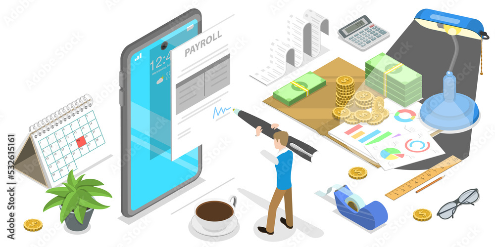 3D Isometric Flat Concept of Mobile Payroll App, Salary Payment. 3D Isometric Flat Concept of Mobile Payroll App, Salary Payment.