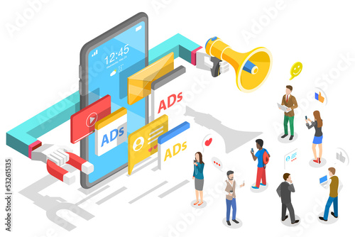 3D Isometric Flat Concept of Mobile Advertising, Social Media Campaign.