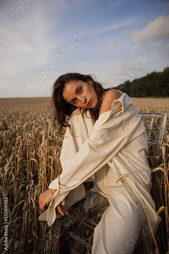 Female model posing on seat among wheat  photo