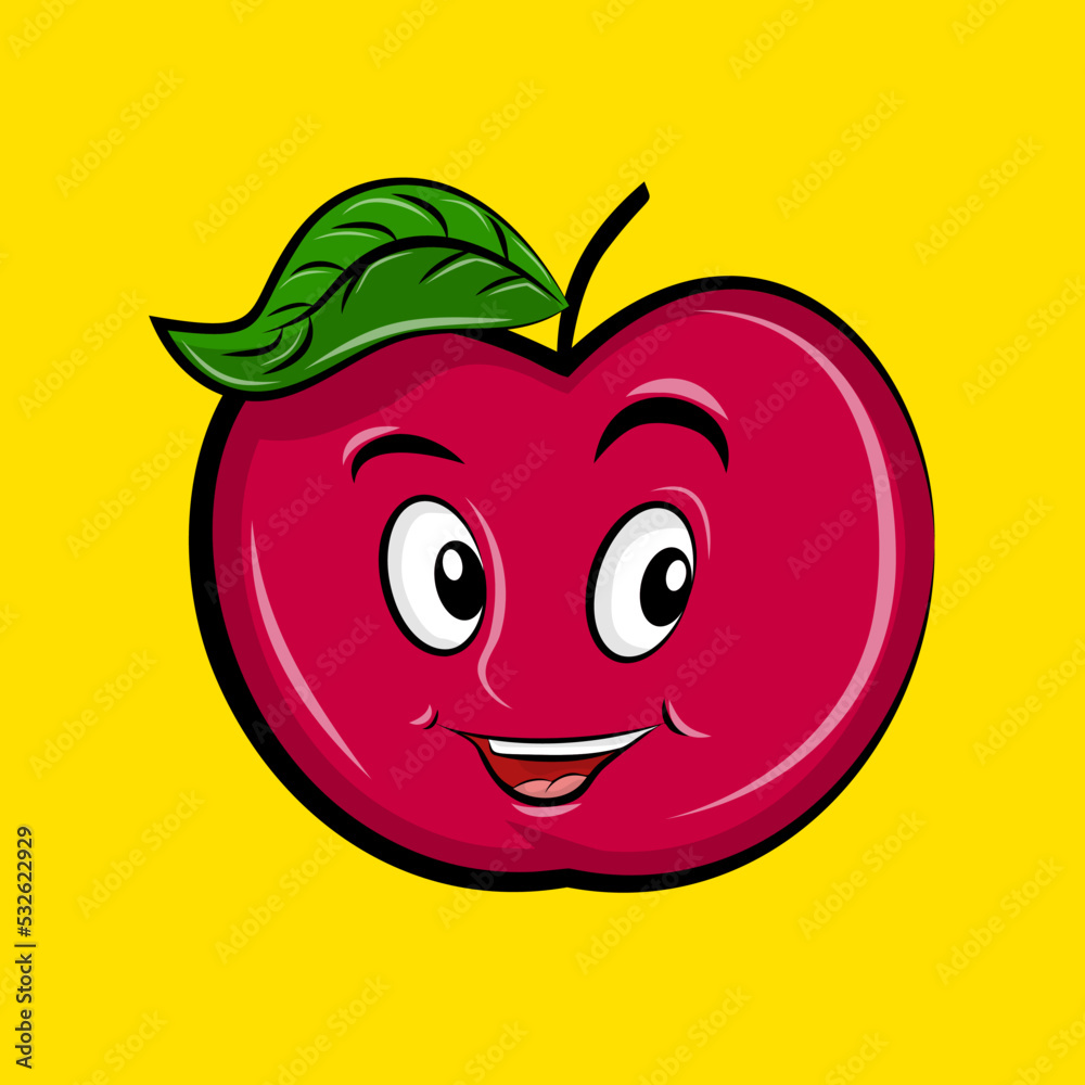 Smiling cute apple fruit, clip art isolated on yellow background suitable for sticker print design, illustration or collection. Smiling cute apple fruit, clip art isolated on yellow background suitable for sticker print design, illustration or collection.