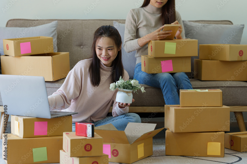 Asian SME business woman with partner working at home office. online shopping concept Asian SME business woman with partner working at home office. online shopping concept