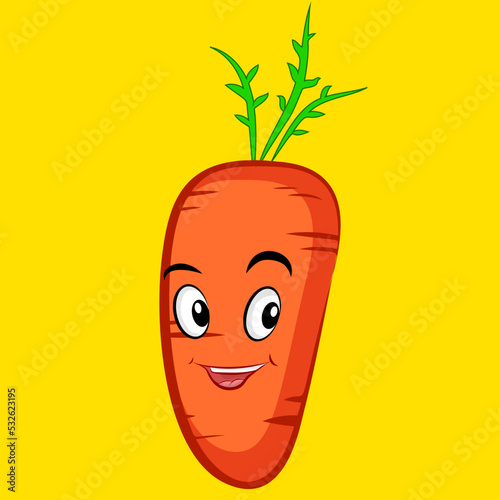 Smiling cute carrot, clip art isolated on yellow background, suitable for sticker print design, illustration or collection.