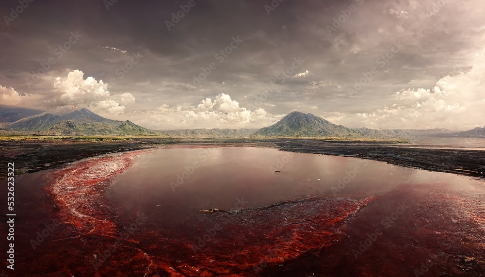 This is a 3D illustration of Lake Natron in Tanzania, High Alkalinity