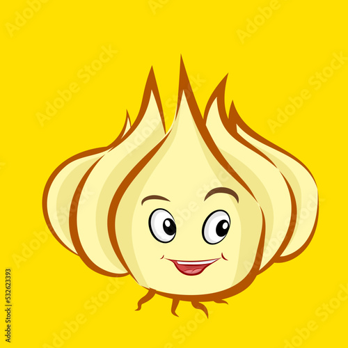 Smiling cute garlic, clip art isolated on yellow background suitable for sticker print design, illustration or collection.