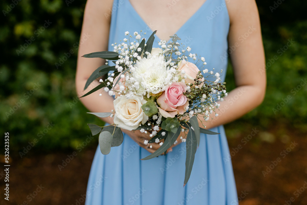 Bridesmaid in Blue Dress Holding Bouquet Bridesmaid in Blue Dress Holding Bouquet
