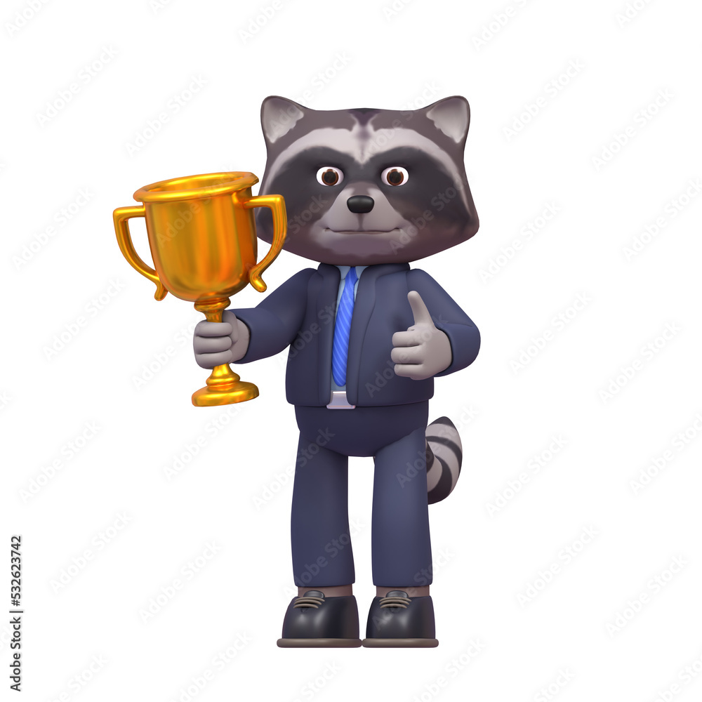 3d render of raccoon in business suit holding winner's golden cup 3d render of raccoon in business suit holding winner's golden cup