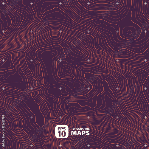 The stylized height of the topographic map contour in lines and contours. The Conditional geography scheme and the terrain path. Orange stroke on violet background . 1x1 size. Vector illustration.