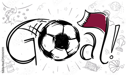 Doodles Celebrating a Goal with Soccer Ball and Qatar Flag, Vector Illustration