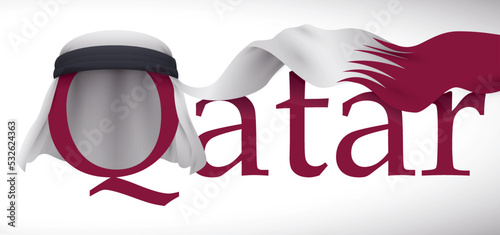 Qatar Sign Decorated with Keffiyeh Converted in National Flag, Vector Illustration