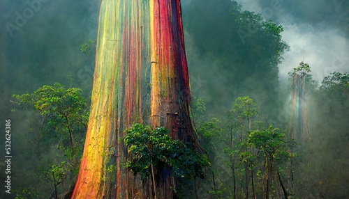 This is a 3D illustration of the rainbow eucalyptus in Indonesia, rainforest. photo