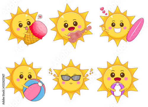 Bundle set Cute Sun doing summer activities cartoon character. Ice cream, playing guitar, wearing glasses, playing beach ball and surfing. Summer concept design. Vector art illustration