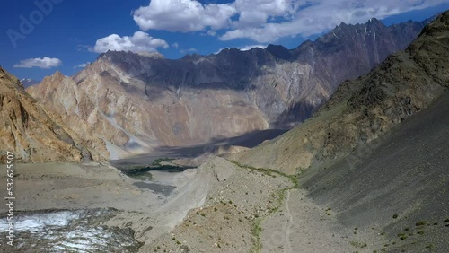 Wide aerial shot of Passu Cones  Pakistan, cinematic wide drone shot photo