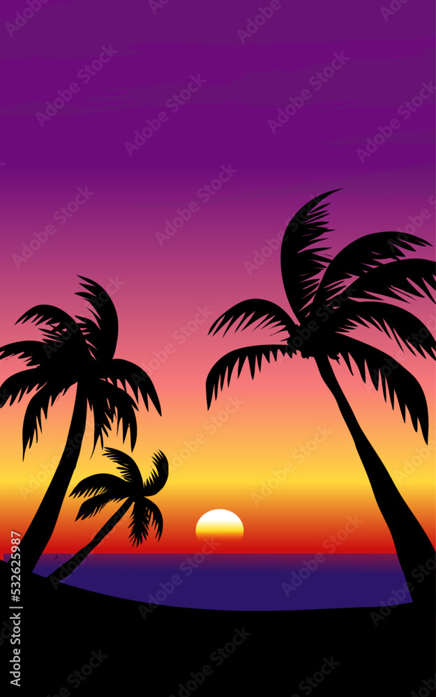 Coconut trees in silhouette on sunset. 