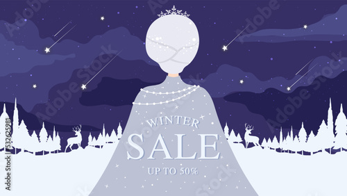 Winter sale banner with beautiful snow queen