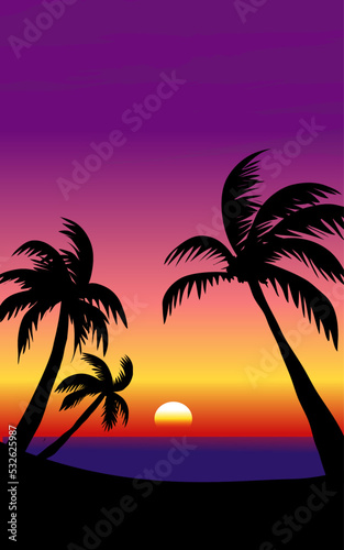Coconut trees in silhouette on sunset. 