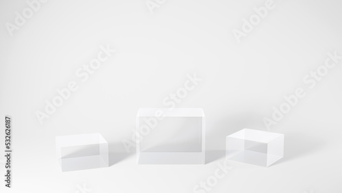 白色背景と四角い透明なガラスの台座（横長） 