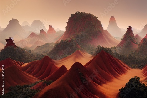 This is a 3D illustration of the Danxia Landform in China, Petrographic, Geomorphology. photo