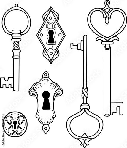 vector contour image of vintage keys and keyholes