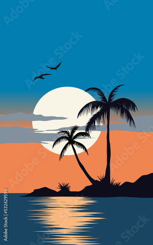 Fototapeta Naklejka Na Ścianę i Meble -  Sunset in the island with trees in silhouette. 