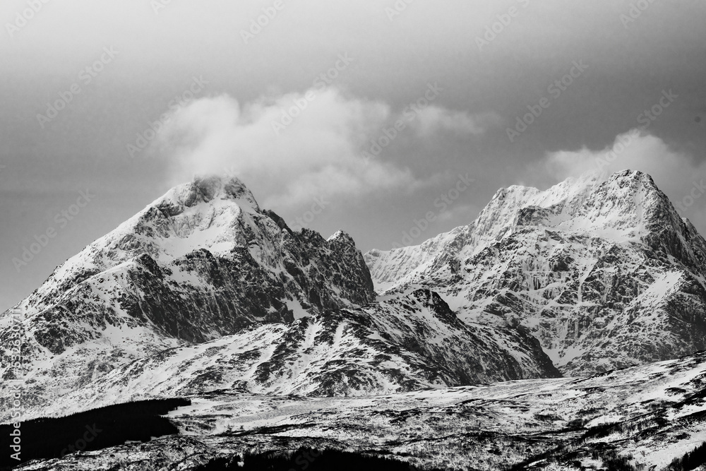 Alpine peak in Norway, black and white