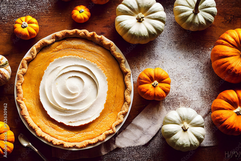 Fototapeta premium Homemade Thanksgiving pumpkin pie fall recipe, food photography and illustration