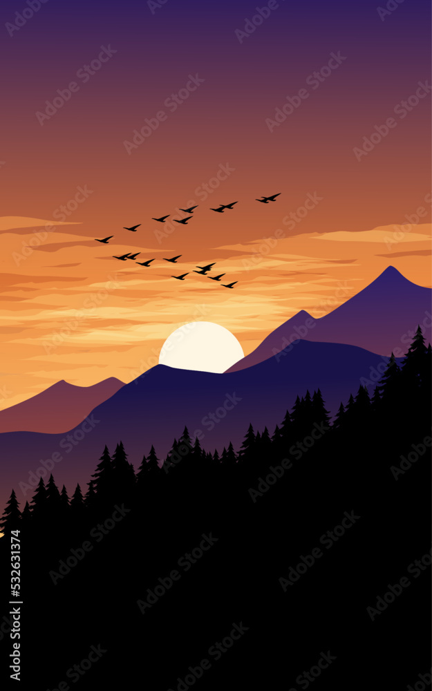 Nature background with mountains and trees in silhouette on sunset
