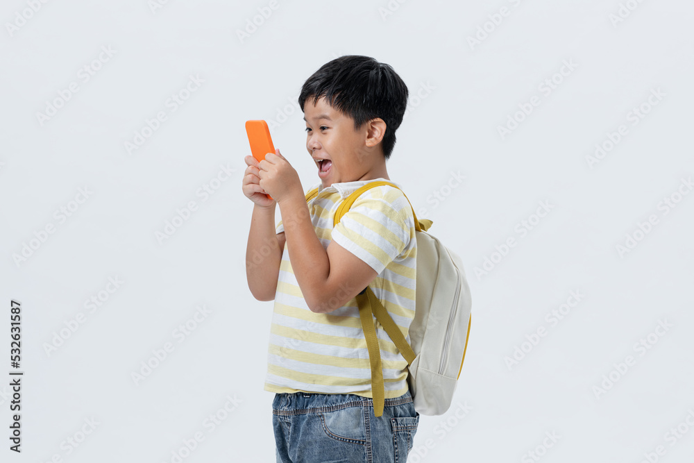 School boy with making photo with smartphone School boy with making photo with smartphone