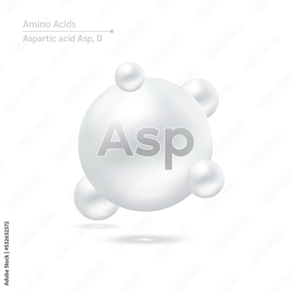 Aspartic acid amino capsules vitamins complex minerals. 3D Model of molecule grey isolated on white background. For food supplement ad package design. Science medic concept. Vector EPS10. Aspartic acid amino capsules vitamins complex minerals. 3D Model of molecule grey isolated on white background. For food supplement ad package design. Science medic concept. Vector EPS10.