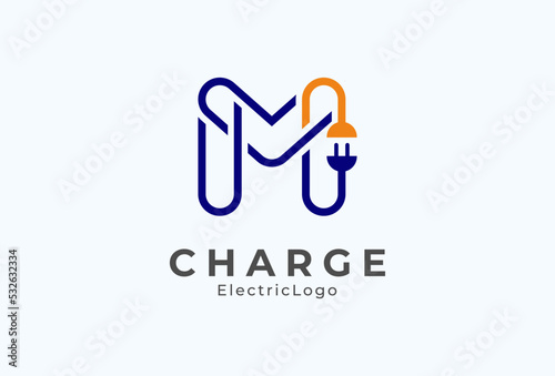 Letter M Electric Plug Logo, Letter M and Plug combination, flat design logo template element, vector illustration
