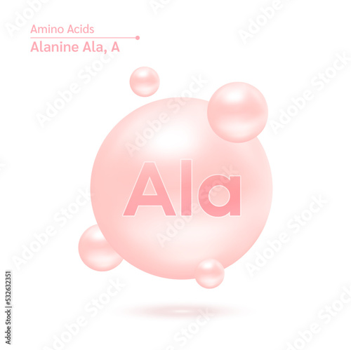 Alanine amino acid capsules vitamins complex minerals. 3D Model of molecule cream isolated on white background. For food supplement ad package design. Science medic concept. Vector EPS10.