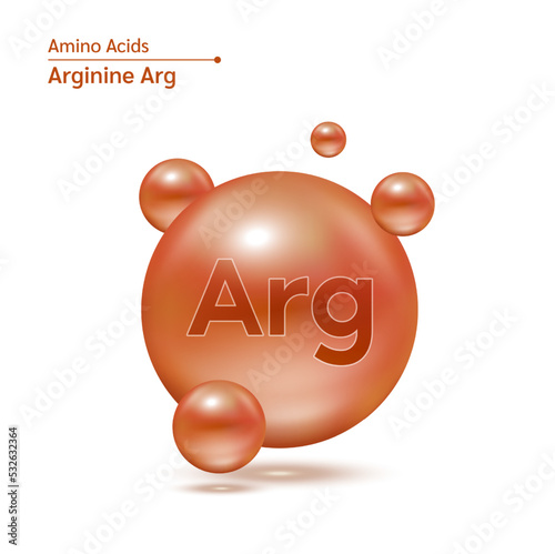 Arginine amino acid capsules vitamins complex minerals. 3D Model of molecule brown isolated on white background. For food supplement ad package design. Science medic concept. Vector EPS10.