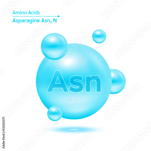 Asparagine amino acid capsules vitamins complex minerals. 3D Model of molecule blue isolated on white background. For food supplement ad package design. Science medic concept. Vector EPS10.