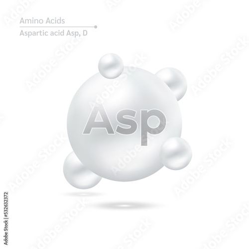 Aspartic acid amino capsules vitamins complex minerals. 3D Model of molecule grey isolated on white background. For food supplement ad package design. Science medic concept. Vector EPS10.