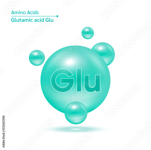 Glutamic acid amino capsules vitamins complex minerals. 3D Model of molecule green isolated on white background. For food supplement ad package design. Science medic concept. Vector EPS10.