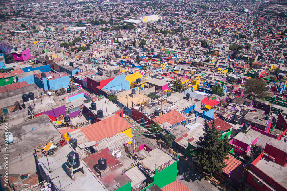 View of the Iztapalapa neighborhood in Mexico City from the Cablebús, an aerial tram, the gondola cable car that is part of the city s public transportation system.