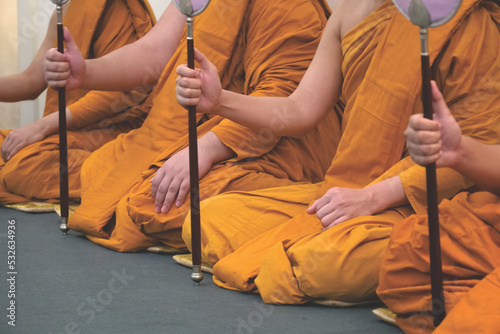 blurred, Buddhist monks praying at Buddha temple. photo